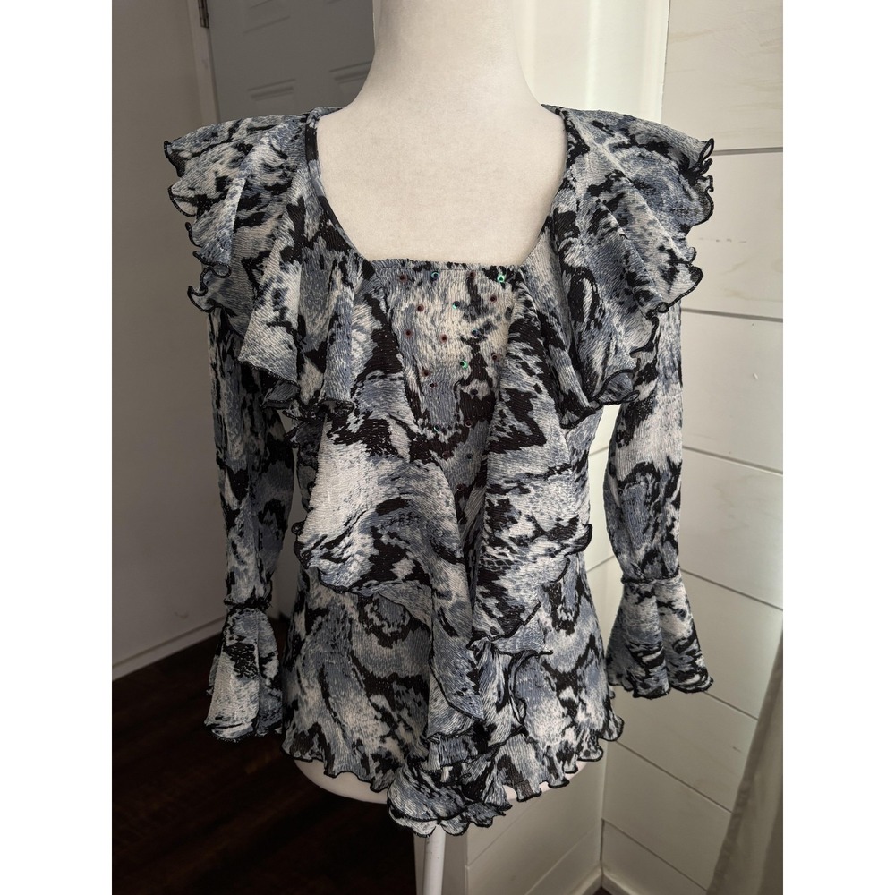Alberto Makali Blouse Womens Small Blue Animal Print Ruffle Y2K Fairy Whimsigoth